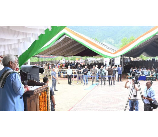 LG addressing a public gathering at Vibrant Village Trehgam in Kupwara on Wednesday.