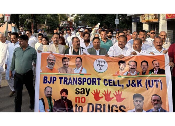 BJP leaders leading a Nasha Mukt Abhiyaan rally at Sainik Colony on Wednesday. BJP leaders leading a Nasha Mukt Abhiyaan rally at Sainik Colony on Wednesday.