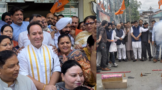 BJP celebrating party’s victory in different states at Jammu (Left). Jubiliant party activists bursting crackers at Srinagar. (Right)