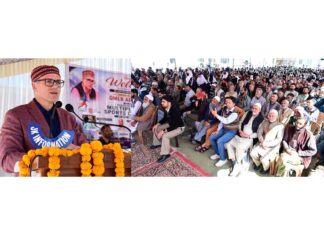 CM addressing a gathering at Tangmarg on Wednesday.