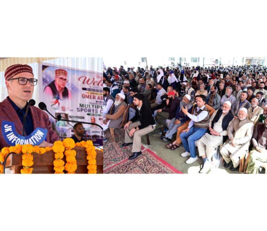 CM addressing a gathering at Tangmarg on Wednesday.