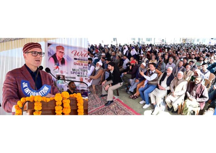 CM addressing a gathering at Tangmarg on Wednesday.