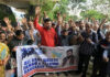 Daily wagers and consolidated workers staging protest near Press Club in Jammu on Monday. — Excelsior/ Rakesh