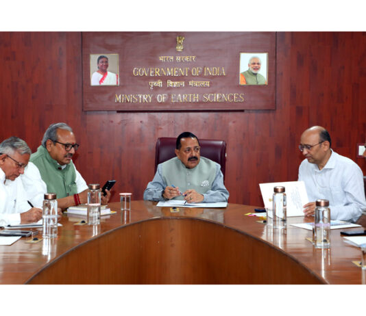 Union Minister Dr Jitendra Singh chairing a meeting to review preparations for the forthcoming "Swachh Sagar, Surakshit Sagar" campaign and upcoming 'India International Science Festival' at Prithvi Bhawan, New Delhi on Saturday.