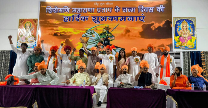 Sat Sharma and others on dais during celebration of Maharana Pratap Jayanti.