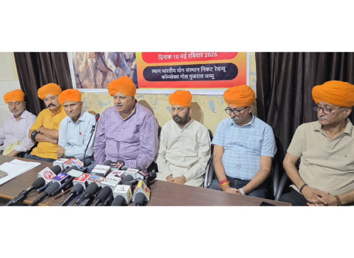 Functionaries of Rajput Sabha and Dharam Jagran Samanvay addressing press conference at Jammu on Friday. -Excelsior/Rakesh Functionaries of Rajput Sabha and Dharam Jagran Samanvay addressing press conference at Jammu on Friday. -Excelsior/Rakesh