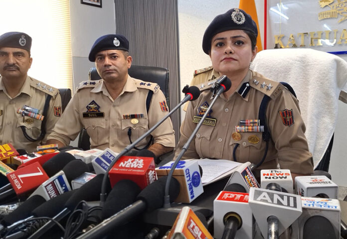 SSP Mohita Sharma addressing media persons in Kathua on Friday. -Excelsior/Pardeep