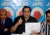 Peoples Conference President Sajad Lone along with other party leaders during a press conference in Srinagar on Monday. —Excelsior/Shakeel