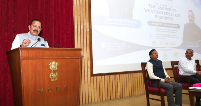 Union Minister Dr Jitendra Singh speaking after launching two advanced weather forecast products at Prithvi Bhawan, New Delhi on Tuesday.