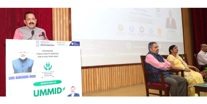 Union Minister Dr Jitendra Singh speaking at the “UMMID (Unique Methods of Management of Inherited Disorders)” Programme launch ceremony at New Delhi on Thursday.