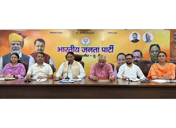 BJP leaders at meeting of party’s Morchas and Cells in Jammu on Tuesday.