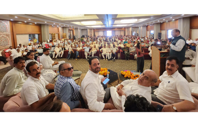 Senior Cong leaders Tara Chand, Vikar Rasool Wani, Mohinder Bhardwaj and others during party convention in Purmandal area of Samba. Senior Cong leaders Tara Chand, Vikar Rasool Wani, Mohinder Bhardwaj and others during party convention in Purmandal area of Samba.