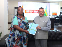 High Commissioner of Rwanda to India Jacqueline Mukangira calling on Union Minister Dr Jitendra Singh at Prithvi Bhawan, New Delhi on Saturday.