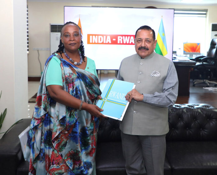 High Commissioner of Rwanda to India Jacqueline Mukangira calling on Union Minister Dr Jitendra Singh at Prithvi Bhawan, New Delhi on Saturday.
