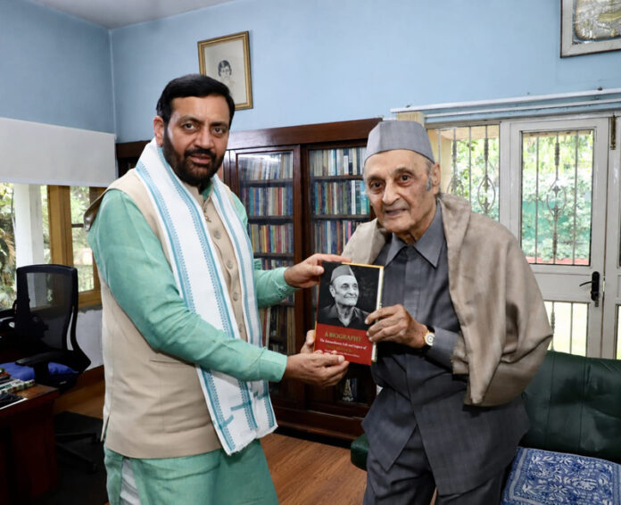 Haryana CM Nayab Singh Saini during his meeting with Dr Karan Singh on Saturday.