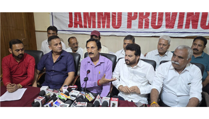 Members of Contractors’ Association addressing a joint press conference in Jammu on Tuesday. — Excelsior/ Rakesh