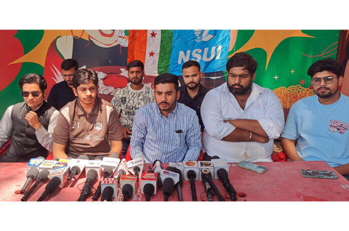 NSUI leaders addressing press conference at Jammu on Thursday. -Excelsior/Rakesh