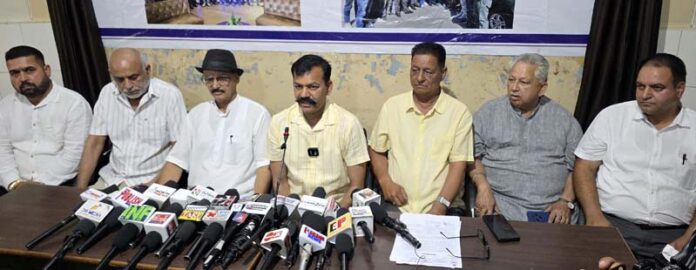 Leaders of J&K PHE Contractors Coordination Commitee addressing press conference at Jammu on Friday. -Excelsior/Rakesh Leaders of J&K PHE Contractors Coordination Commitee addressing press conference at Jammu on Friday. -Excelsior/Rakesh