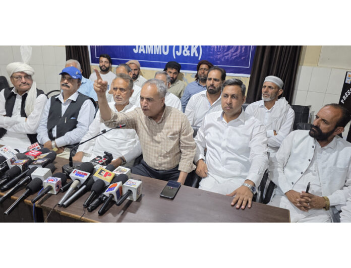 Members of JKGBCC addressing joint press conference in Jammu on Wednesday. -Excelsior/ Rakesh Members of JKGBCC addressing joint press conference in Jammu on Wednesday. -Excelsior/ Rakesh