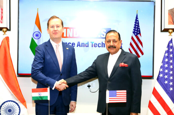 US Ambassador Sergio Gor calling on Union Minister Dr Jitendra Singh at Kartvaya Bhawan, New Delhi on Wednesday.