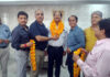 Newly elected president of Pradesh Vishwakarma Sabha, Raj Kumar Chalotra being felicitated by members in Jammu.