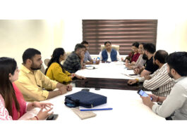 J&K BJP president and MP, Sat Sharma chairing a meeting of Social Media and IT Departments at Jammu on Saturday.