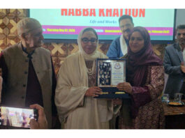 J&K Waqf Board Chairperson, Dr Darakhshan Andrabi being felicitated during a function at Pampore Degree College on Thursday.