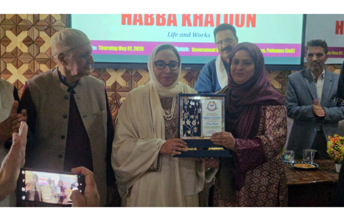 J&K Waqf Board Chairperson, Dr Darakhshan Andrabi being felicitated during a function at Pampore Degree College on Thursday.