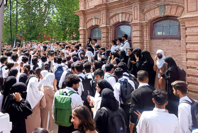 Amar Singh College students protesting in Srinagar on Thursday.