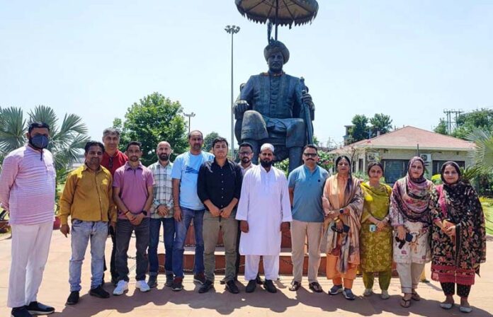 Leaders of various teachers’ unions assembling at Maharaja Hari Singh Park in Jammu.