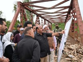 DyCM inspecting work on a bridge in Zainapora Constituency on Monday.