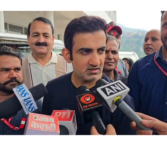 Gautam Gambhir interacting with media persons in Katra during his visit on Saturday.