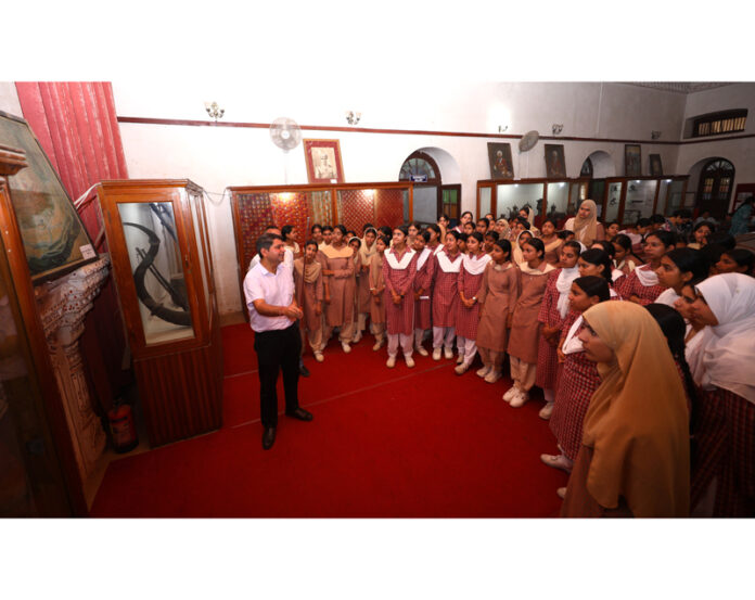 Students during an educational visit to the Dogra Art Museum, Mubarak Mandi, Jammu.