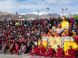 Devotees participating in the concluding ceremony of Sacred Exposition of Holy Relics in Leh on Thursday.