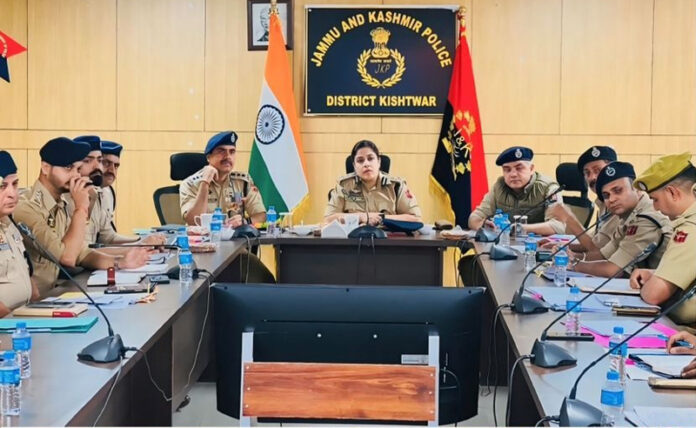 DIG Sargun Shukla, chairing a meeting at District Police Headquarters Kishtwar on Friday.