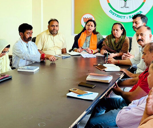 BJP vice president, Rekha Mahajan addressing a party meeting at Samba on Tuesday.