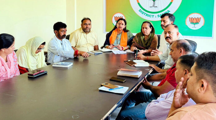 BJP vice president, Rekha Mahajan addressing a party meeting at Samba on Tuesday.