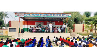 Dignitaries interacting with participants during an inter-school zonal level competition in Akhnoor.