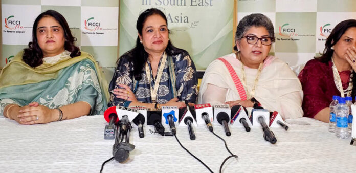Members of FICCI FLO J&K, Ladakh chapter during a press conference in Srinagar on Friday. —Excelsior/Shakeel