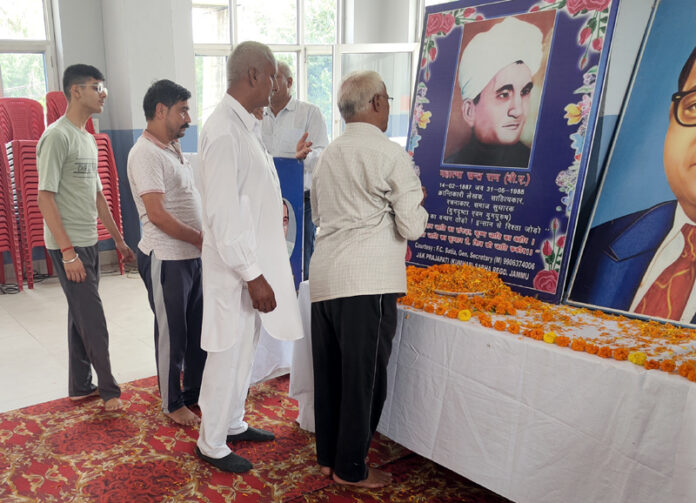 Dignitaries paying tribute to Sant Ram on his 38th death anniversary in Jammu on Sunday.