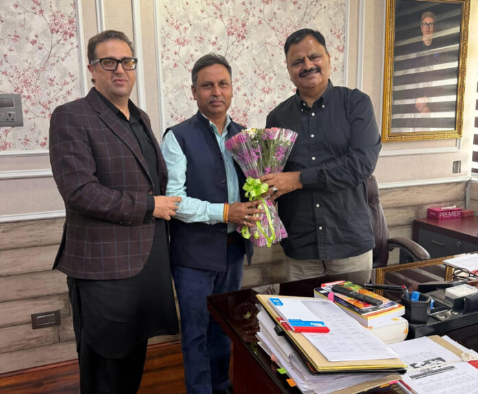 MLA Kathua, Dr Bharat Bushan during a meeting with Minister of Jal Shakti, Javed Rana at Srinagar.
