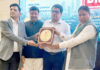 MP Sat Sharma felicitating Dr Deepak Abrol during a function in Jammu.
