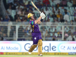 Finn Allen playing a shot during his inning of 93 runs against GT in Kolkata