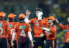 Sunrisers Hyderabad team celebrating after defeating CSK in IPL match on Monday.