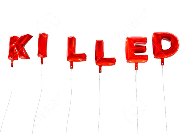 KILLED - word made from red foil balloons - 3D rendered.