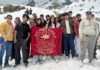 Students of KC Public School posing for a group photograph after reaching the 14,500-ft Saach Pass in Chamba district of Himachal Pradesh during their adventure expedition.