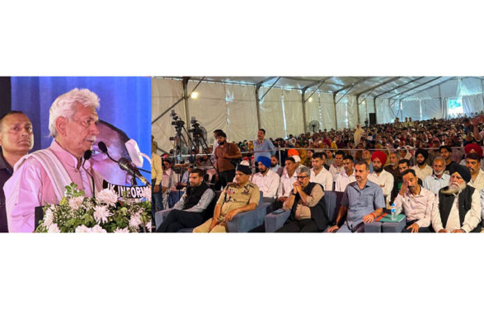 LG Manoj Sinha addressing a public gathering in Poonch on Sunday. LG Manoj Sinha addressing a public gathering in Poonch on Sunday.