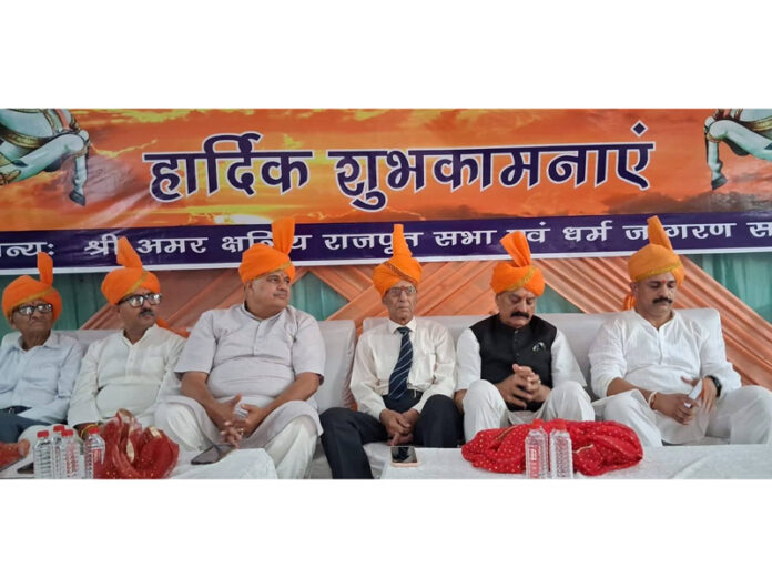MLA among Rajput leaders on dais during Maharana Pratap Jayanti celebration at Samba on Monday. MLA among Rajput leaders on dais during Maharana Pratap Jayanti celebration at Samba on Monday.