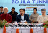 Union Minister Nitin Gadkari, along with Lieutenant Governor Manoj Sinha and Chief Minister Omar Abdullah during a press conference at the Eastern Portal of the Zojila Tunnel on Tuesday. -Excelsior/Shakeel.