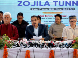 Union Minister Nitin Gadkari, along with Lieutenant Governor Manoj Sinha and Chief Minister Omar Abdullah during a press conference at the Eastern Portal of the Zojila Tunnel on Tuesday. -Excelsior/Shakeel.